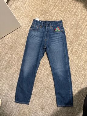 Levi's Blue Straight Jeans with Red & Green Pocket Embroidery